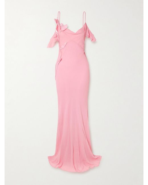 Self-Portrait Pink Appliquéd Ruffled Cold-Shoulder Georgette Maxi Dress