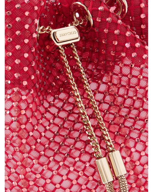 Jimmy Choo Red Bon Bon Crystal-Embellished Mesh Bucket Bag