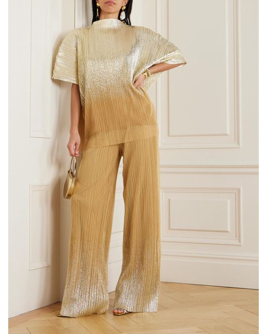 Dima Ayad Natural Metallic Plissé Tulle Wide-Leg Pants