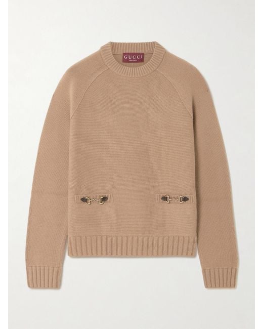 Gucci Natural Pullover Aus Einer Woll-Kaschmirmischung Mit Lederbesätzen Und Horsebit-Details