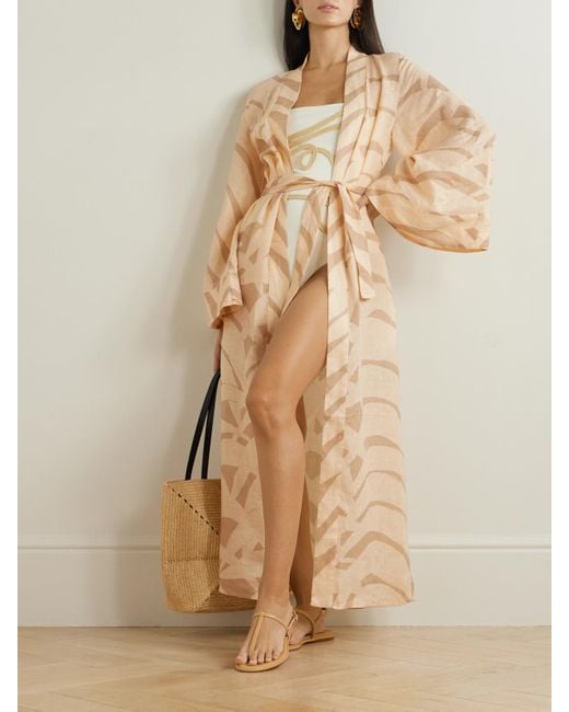 Johanna Ortiz Natural Sail Softly Sommermantel Aus Bedrucktem Leinen Mit Bindegürtel