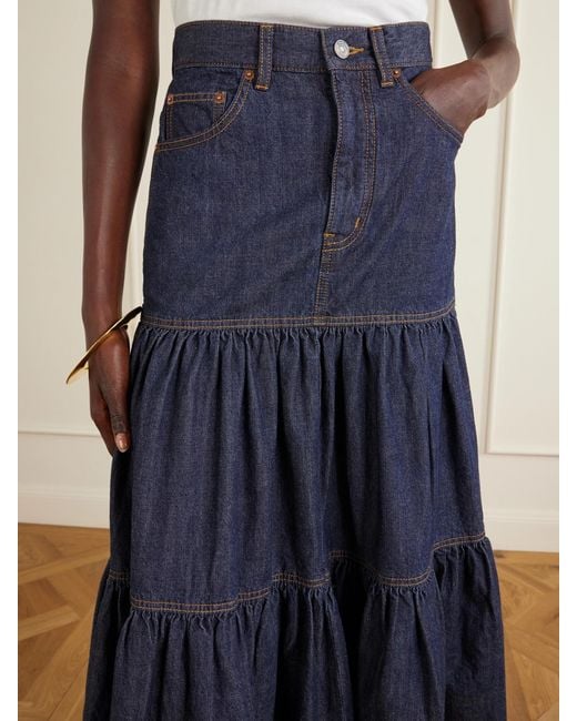 Saint Laurent Blue Tiered Denim Maxi Skirt