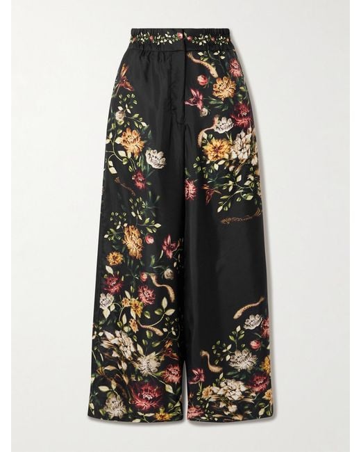 Agua Bendita Black Tota Paramo Floral-Print Silk-Twill Wide-Leg Pants