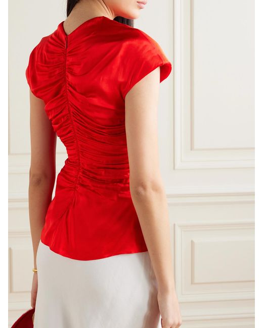 TOVE Red Fiana Ruched Silk-Satin Top