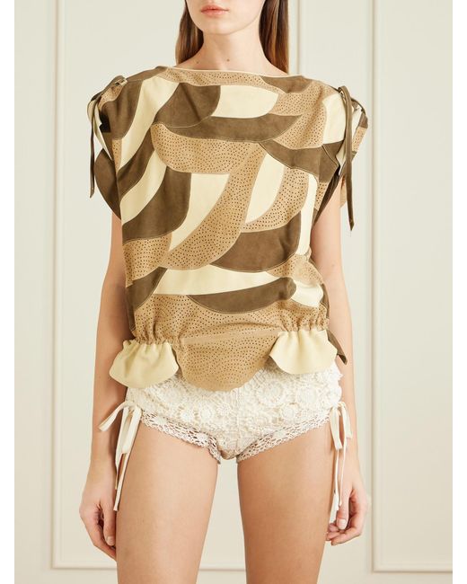 Isabel Marant Natural Dalmy Gathered Patchwork Perforated Suede Top