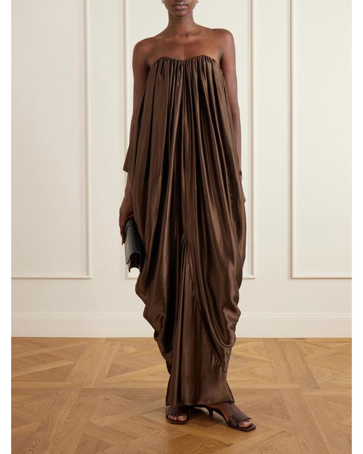Abadia Brown Draped Strapless Satin Gown