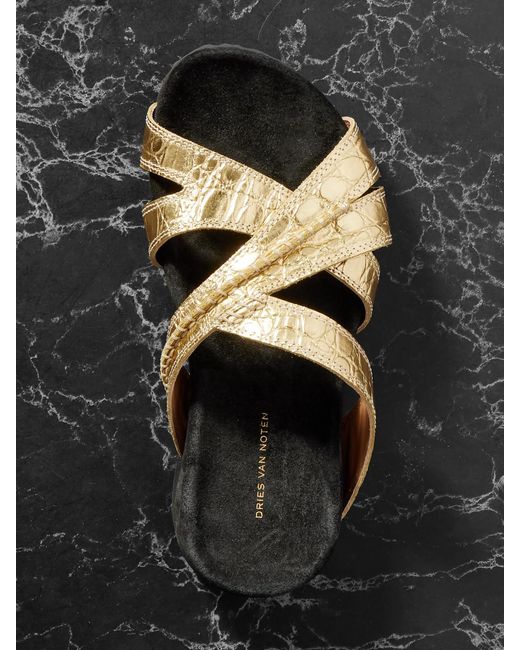 Dries Van Noten Black Metallic Croc-Effect Leather Sandals