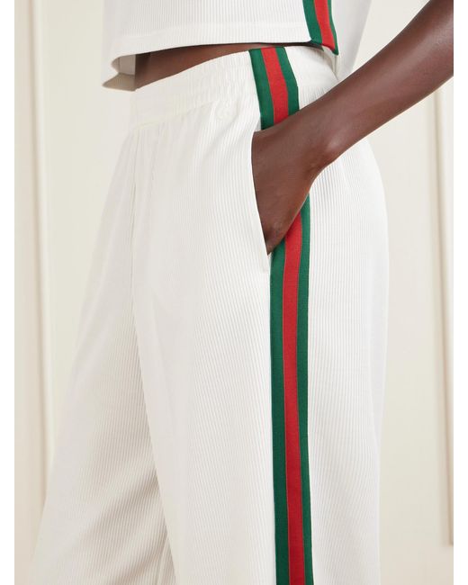 Gucci White Web-Trimmed Ribbed-Jersey Wide-Leg Pants