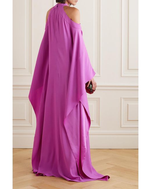 Oscar de la Renta Pink Bow-Embellished Cold-Shoulder Crepe De Chine Gown