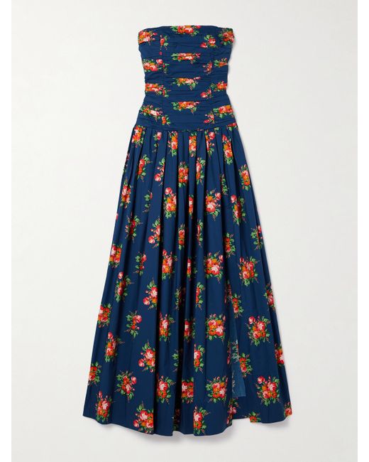 Cara Cara Blue Montreal Strapless Pleated Floral-Print Cotton-Poplin Maxi Dress