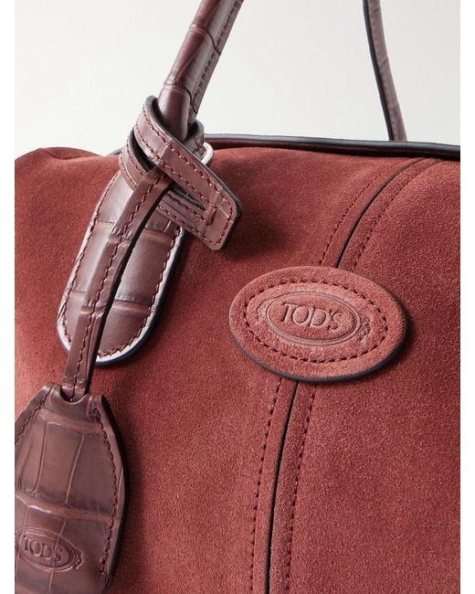 Tod's Red Bauletto Croc-Effect Leather-Trimmed Suede Mini Bag