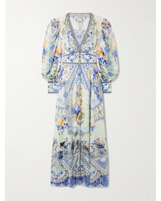 Camilla Blue Crystal-Embellished Shirred Printed Silk Maxi Dress