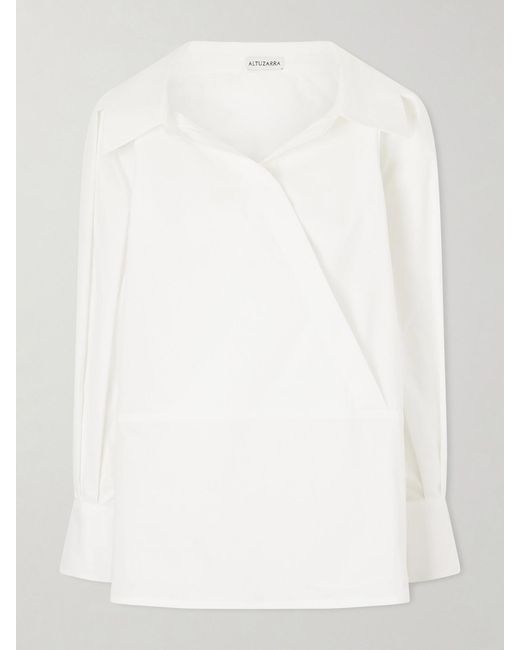 Altuzarra White Arthur Wrap-Effect Cotton-Blend Poplin Blouse