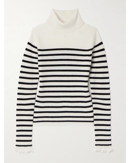Ulla Johnson White Annika Ribbed Striped Cashmere Turtleneck Sweater