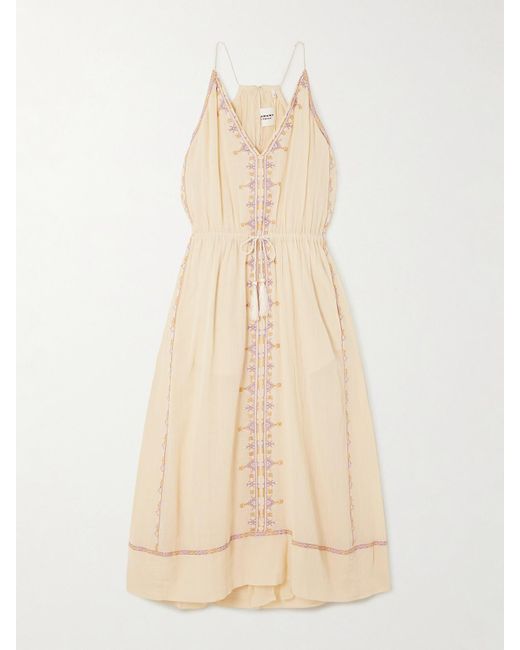 Isabel Marant Natural Siana Midikleid Aus Baumwollgaze Mit Stickereien Und Bindegürtel