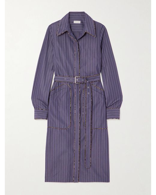 Dries Van Noten Purple Midi-Hemdblusenkleid Aus Gestreifter Baumwollpopeline Mit Gürtel
