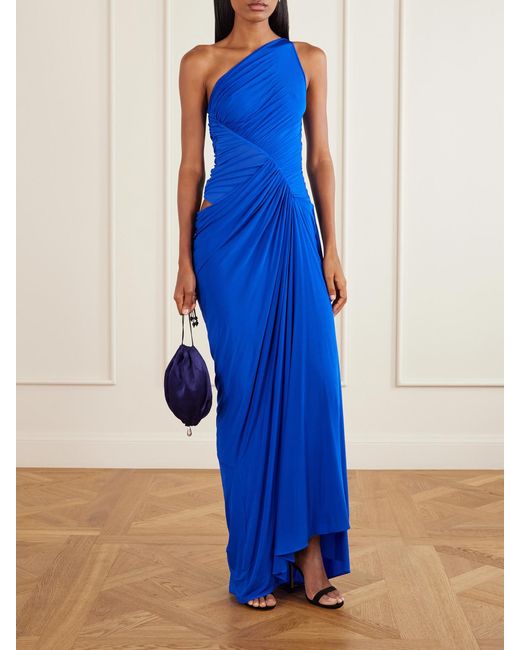 Alex Perry Blue One-Shoulder Gathered Mesh And Jersey Gown