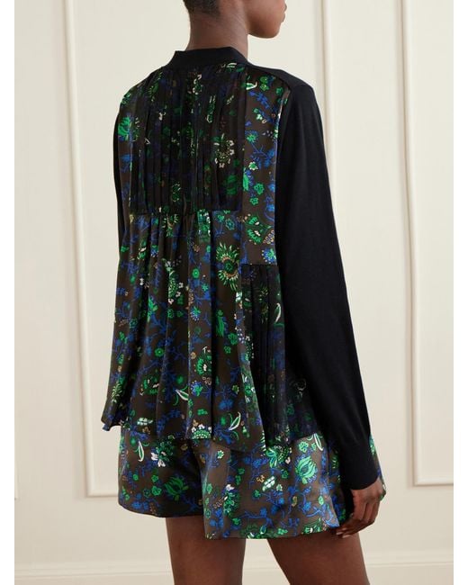 Sacai Black Layered Floral-Print Mesh-Trimmed Cotton Cardigan