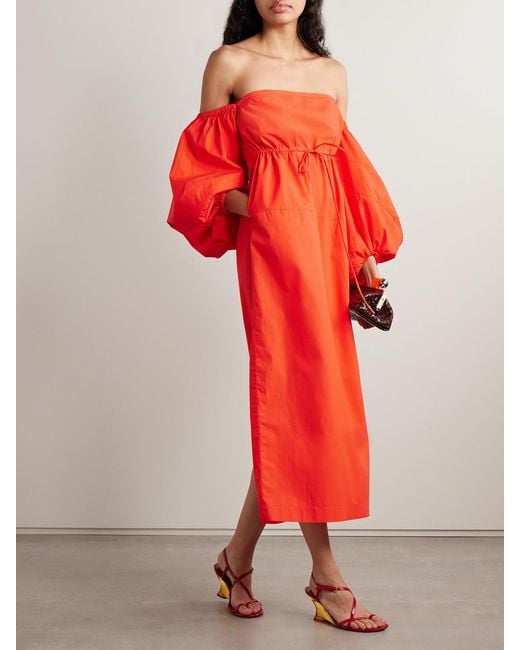 Rosie Assoulin Red Off-The-Shoulder Cotton-Poplin Midi Dress