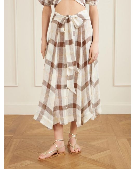 Lisa Marie Fernandez Natural Tie-Detailed Checked Linen-Blend Gauze Midi Skirt
