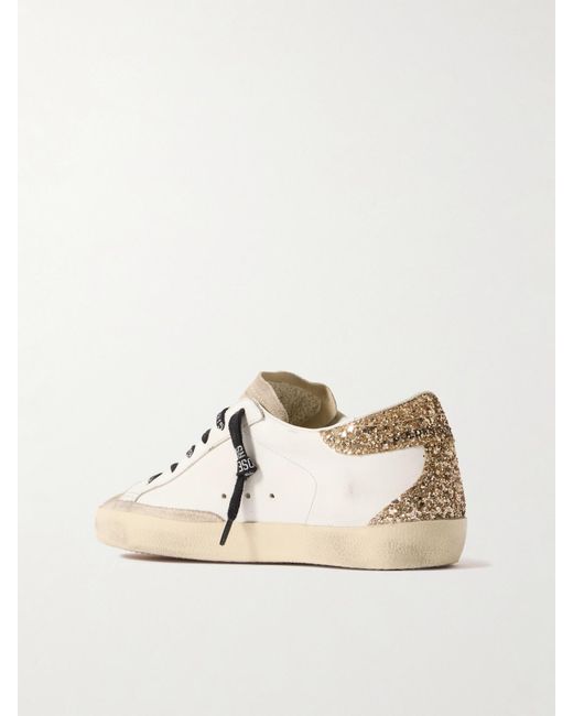 Golden Goose Deluxe Brand Natural Super-Star Distressed Suede-Trimmed Glittered Leather Sneakers