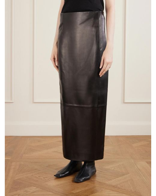 Khaite Black Lyle Leather Midi Skirt