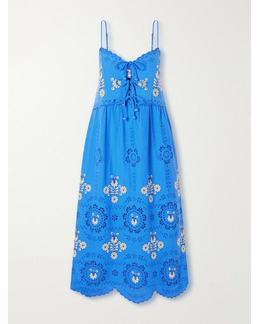 Sea Blue Catharina Floral-Embroidered Cotton And Linen-Blend Maxi Dress