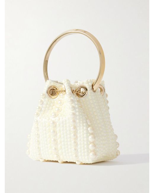 Jimmy Choo Natural Bon Bon Micro Faux Pearl-Embellished Satin Bucket Bag