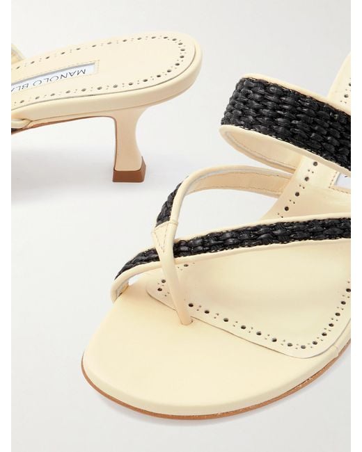 Manolo Blahnik Natural Susa 50 Raffia-Trimmed Leather Mules