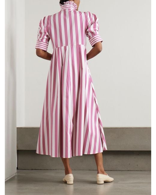 Thierry Colson Pink Venetia Ruffled Striped Cotton-Poplin Midi Dress