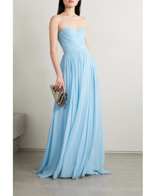 Monique Lhuillier Strapless Pleated Silk chiffon Gown in Blue Lyst
