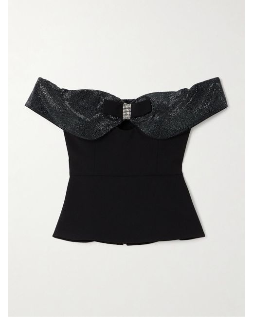 Self-Portrait Black Off-The-Shoulder Bow And Crystal-Embellished Crepe Top
