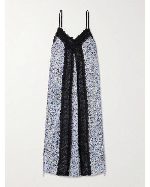 Kika Vargas Blue Sunita Tie-Detailed Lace-Trimmed Leopard-Print Stretch-Satin Maxi Dress