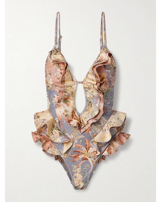 Zimmermann Natural Tallow Ruffled Cutout Floral-Print Swimsuit
