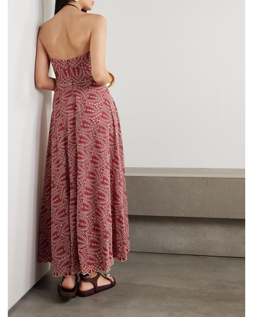 Johanna Ortiz Red Bengala Strapless Embellished Broderie Anglaise Maxi Dress