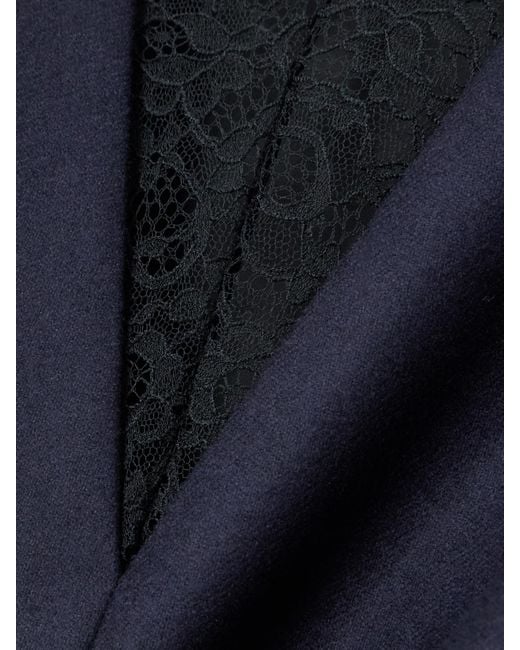 Carven Blue Chantilly Lace-Trimmed Wool-Flannel And Crinkled-Satin Midi Dress