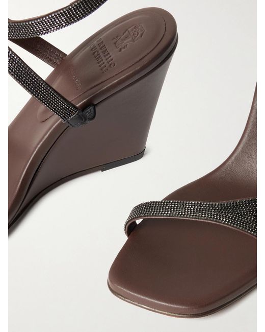Brunello Cucinelli Metallic Wedges Aus Leder Mit Zierperlen