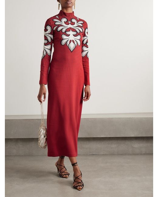 LaDoubleJ Red Icon Halle Printed Crepe Turtleneck Midi Dress