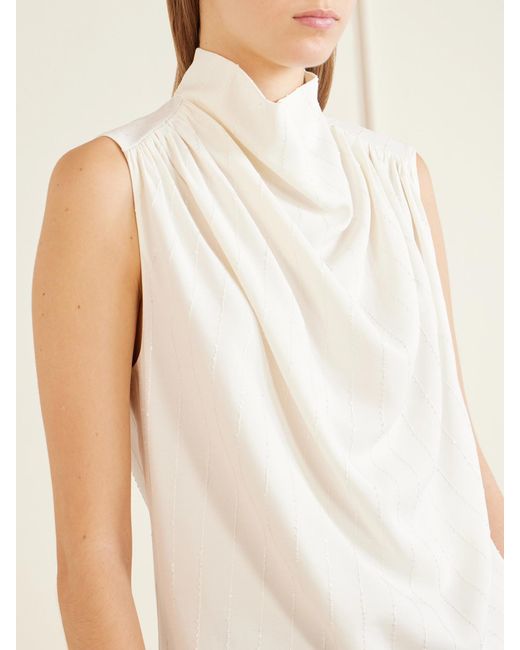 Kallmeyer White Penny Sequined Ruched Striped Twill Top