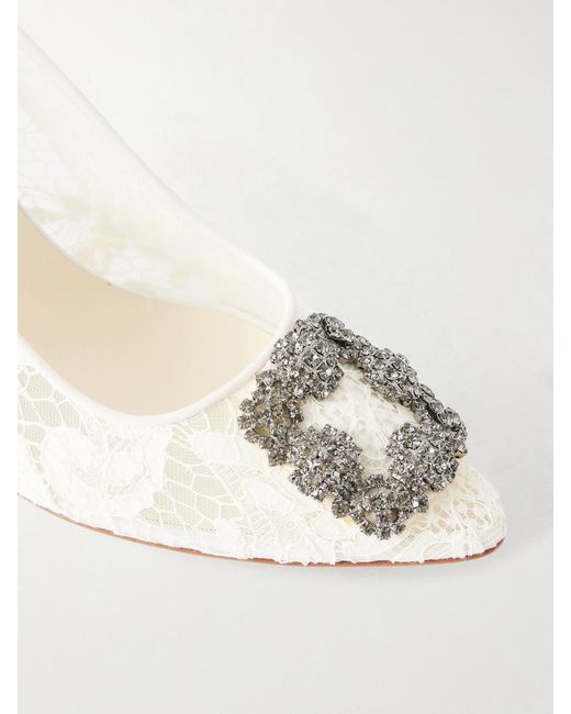 Manolo Blahnik Gray Hangisi 90 Crystal-Embellished Corded Lace Pumps