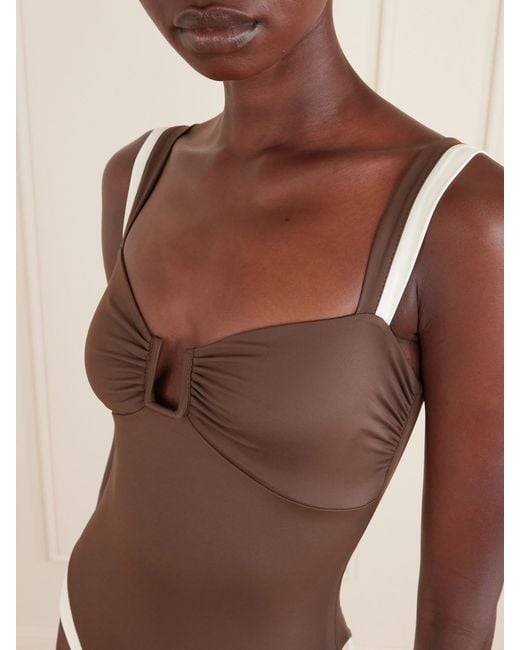 Away That Day Brown Cannes Two-Tone Gathered Recycled Stretch Swimsuit