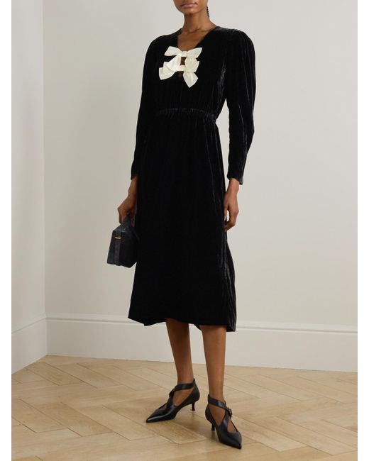 Sea Black Seraphine Satin-Trimmed Velvet Midi Dress