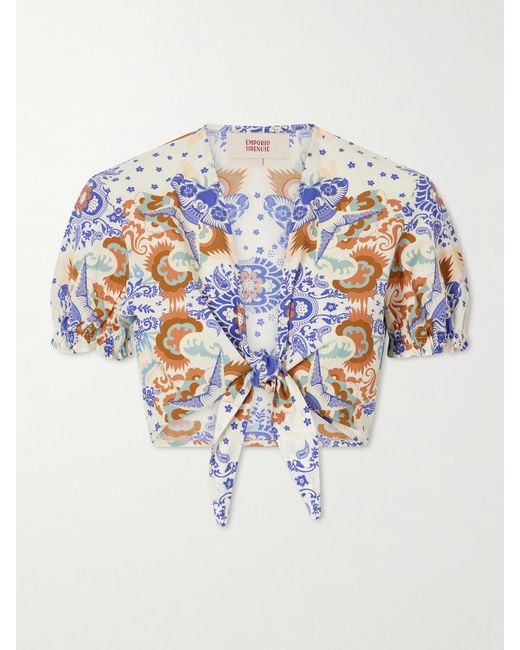 Emporio Sirenuse White Poppy Knotted Printed Cotton-Poplin Cropped Top