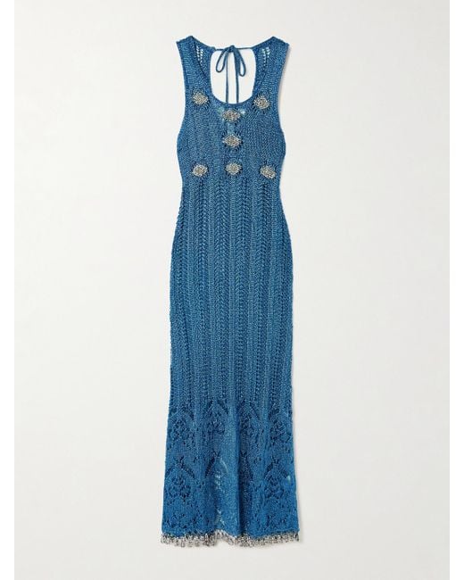 Rabanne Blue Bead-Embellished Metallic Open-Knit Midi Dress