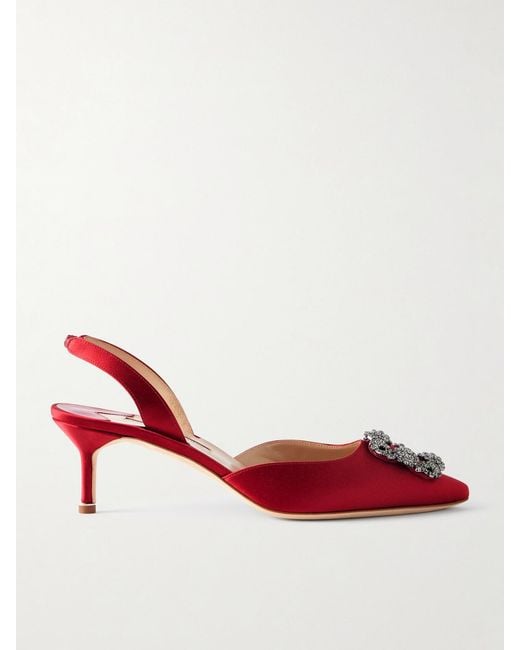 Manolo Blahnik Red Hangisli 50 Slingback-Pumps Aus Satin Mit Verzierung
