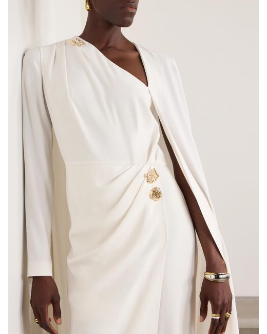 Zuhair Murad White Asymmetric Cape-Effect Embellished Cady Gown