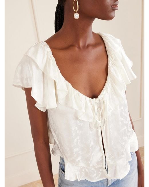 Doen White Floriette Ruffled Satin-Jacquard Blouse