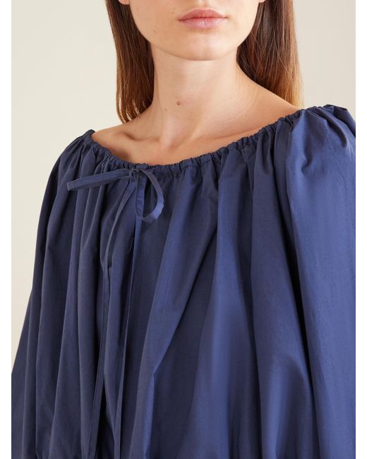 BERNADETTE Blue Ally Off-The-Shoulder Cropped Cotton-Blend Blouse