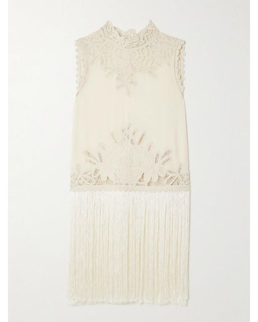 Sea Natural Adelina Tie-Side Fringed Lace-Paneled Woven Top
