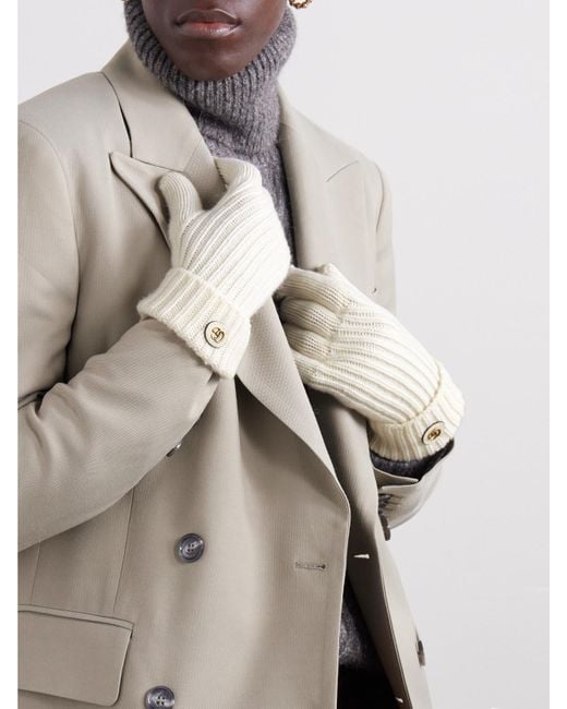 Gucci Natural Embellished Leather-Trimmed Wool And Cashmere-Blend Gloves